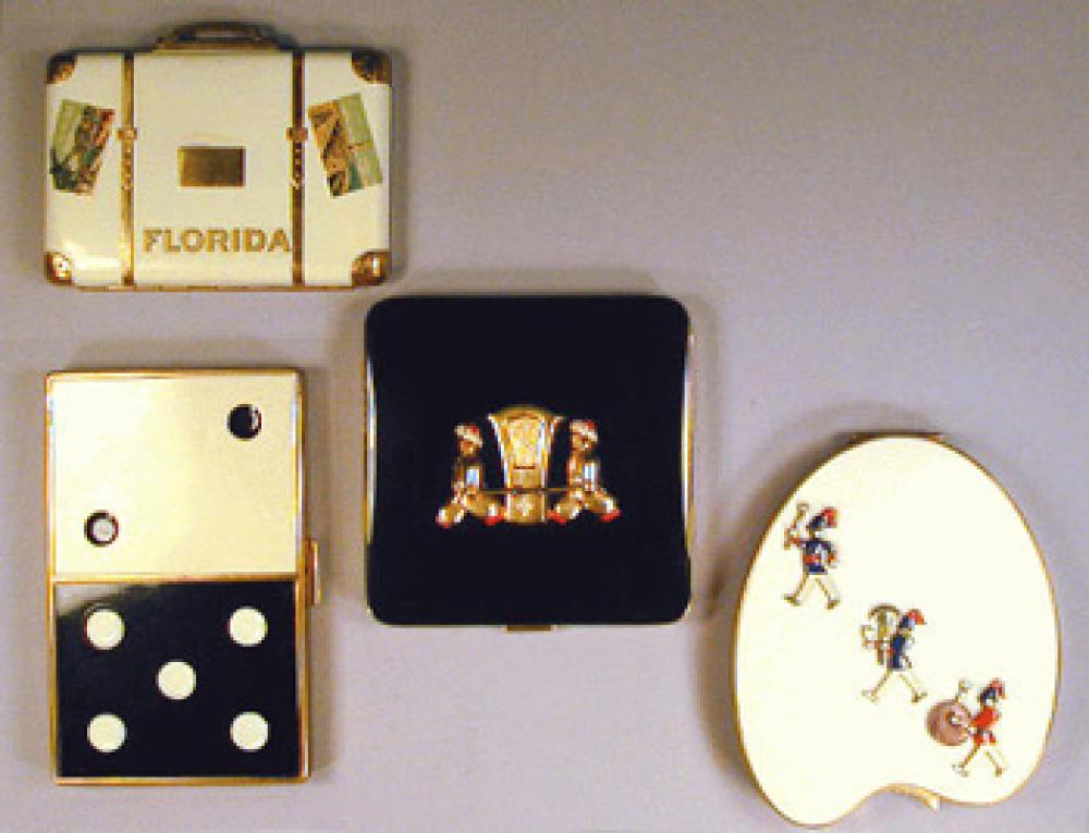 Group of Four Humorous Compacts

Lot 206
Group of Four Humorous Compacts
 Comprising a white enamel on gilt-metal in the shape of a suitcase with Florida postcard designs, black and enamel on gilt-metal depicting a Royal Arabian litter dispatcher, palette form in white enamel on gilt-metal with marching band figurines, and black and white enamel domino on gilt-metal.