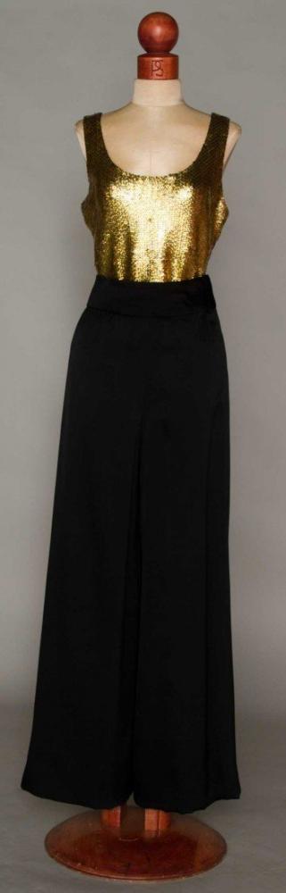 HALSTON BLACK SILK JERSEY ENSEMBLE, 1969

4 pieces, all labeled white on black "HALSTON": 1 pair palazzo pants, 2 side pockets, W 28", L 40"; 1 jacket w/ ties at waist & chiffon lining; 2 sleeveless body suits w/ self-fabric lining: 1 black &