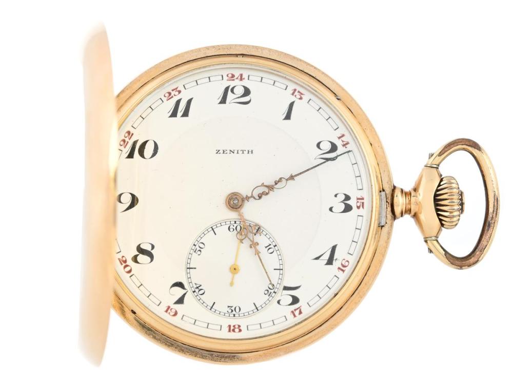 Watches

Zenith

ZENITH, pocket watch, 51 mm, hunter, Serial no. 2984256, Case no. 346839, 14K gold, lever escapement, dents, approx. 1930.