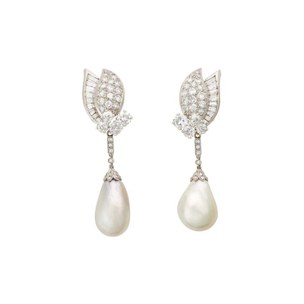 NATURAL PEARL AND DIAMOND EARCLIPS

Drop-shaped natural pearl measuring approximately 11.30 - 12.65 x 16.65 mm and grey drop-shaped pearl measuring approximately 9.10 - 11.00 18.45 mm, old, rose, single, baguette-cut and round diamonds, platinum and 18k white gold (French marks), pendants detachable, composite, surmount signed Mauboussin, Paris, one top numbered 
SSEF, 2025, report no. 147629: two natural pearls, saltwater, no indications of artificial colour (B) 
Size/Dimensions: 5.3 cm high 
Gross weight: 21.8 grams