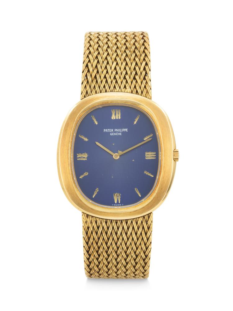 PATEK PHILIPPE, LARGE AND ELEGANT 18K GOLD AUTOMATIC ’ELLIPSE’ WITH INTEGRATED BRACELET, REF. 3589/1

CIRCA: 1970s 
MOVEMENT NO: 1’284’222 
CASE NO: 527’629 
CASE MATERIAL: 18k gold 
CASE DIAMETER: 33 x 35.5 mm. 
BRACELET MATERIAL: 18k gold (integrated) 
BRACELET SIZE: Approx. 195 mm. overall length 
DIAL: Blue-gold 
MOVEMENT: Automatic 
BOX: No 
PAPERS: No