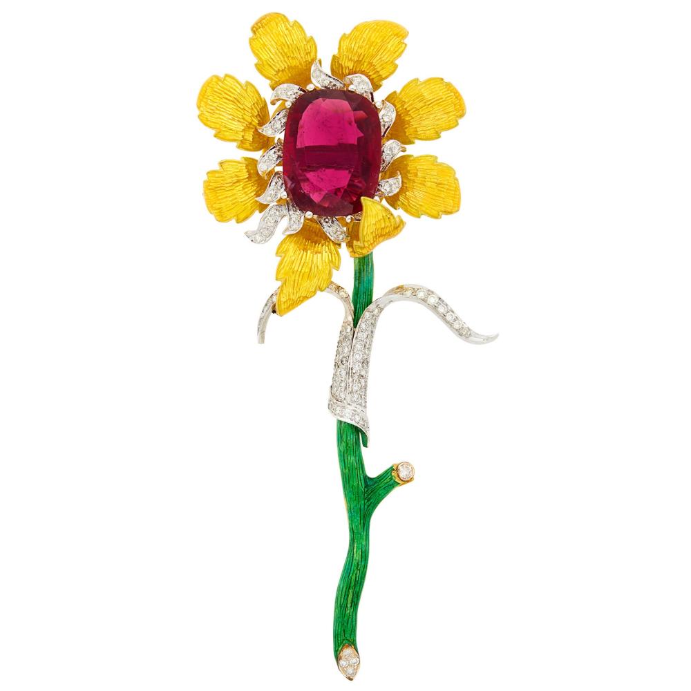 Property from a Prominent Maryland Collection18 kt. yellow and white gold, one cushion-shaped rubellite weighing 12.51 cts., round diamonds ap. 1.20 cts., ap. 18 dwts.
The rubellite has been weighed.

Rubellite: deep purplish raspberry, slightly included, good transparency, lively.Diamonds: H-I-VS.Enamel nicely applied.3 7/8 x 1 5/8 inches.                            
Any condition statement is given as a courtesy to a client, is an opinion and should not be treated as a statement of fact and our Organization shall have no responsibility for any error or omission. Please contact the specialist department to request further information or additional images that may be available.