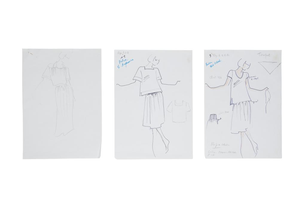 Karl LAGERFELD 1933 -2019

Liasse de trois dessins de mode

1974

Ensemble de trois dessins au crayon et feutre noir figurant un ensemble de jupe et tee-shirt.

Mention manuscrite "Reçu le 6-6-74", "Touquet" et "Rouge collection", "finition tee shirt", "Ch. n°333", "Salon - Brun - Amiral", "P- a p".

Dimensions : 29 x 21,5 cm

Très bon état

Trous d’épingles