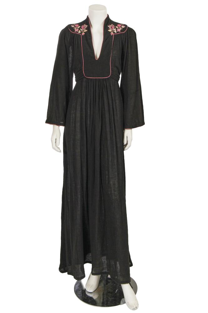 An Ossie Clark for Radley black Indian muslin dress, 1976

An Ossie Clark for Radley black Indian muslin dress, 1976

labelled, the yoke embroidered with pink and ivory satin-stitch flowers, trimmed with pink binding, with wide sleeves, maxi-length skirt, integral tie belt, bust 86cm 34in

The owner of this dress recalls that she was given this dress as an 18th birthday gift in 1976.

Share this lot: