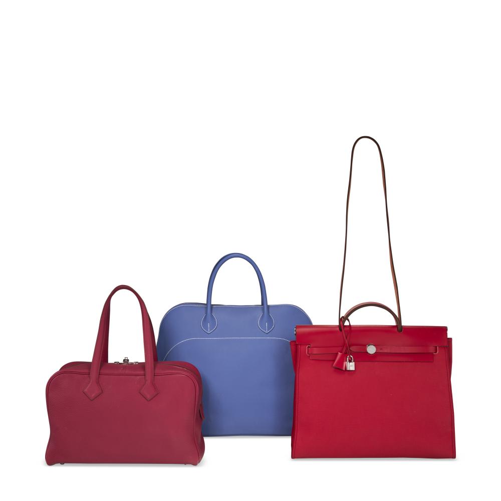 A SET OF THREE: A TOSCA CLÉMENCE LEATHER VICTORIA 36, A BLEU BRIGHTON EVERCOLOR LEATHER BOLIDE RELAX & A ROUGE PIMENT TOILE CANVAS & VACHE HUNTER HERBAG ZIP 39

HERMÈS, 2016, 2018,

VICTORIA GRADE: 2.5 
BOLIDE GRADE: 2  
HERBAG GRADE: 2 
Victoria: 36 w x 22 h x 15 d cm  
Bolide: 45 w x 36 h x 24 d cm 
Herbag: 39 w x 32 h x 12 d cm 
Victoria: Includes Christie’s dust bag.  
Bolide: Includes Christie’s dust bag.  
Herbag: Includes lock, keys, clochette, and Christie’s dust bag.