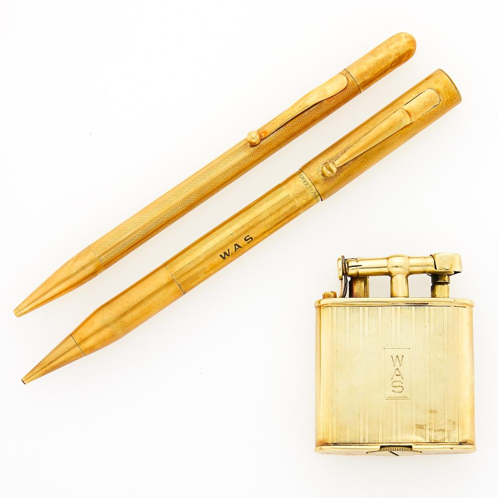 The Estate of William Andrew Saks, of the Founding Family of Saks Fifth Avenue Department Store14 kt., all with monogramed initials, lighter signed Dunhill, ap. 47.5 dwts. gross.

All with dents.Parker pen/pencil is gold-plated.                            
Any condition statement is given as a courtesy to a client, is an opinion and should not be treated as a statement of fact and our Organization shall have no responsibility for any error or omission. Please contact the specialist department to request further information or additional images that may be available.