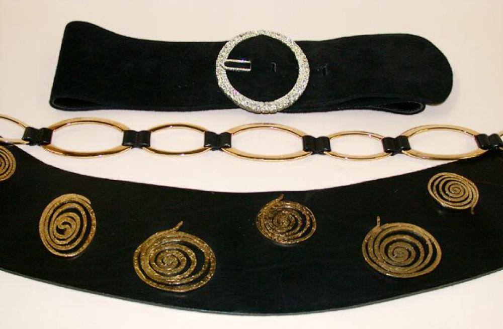Miscellaneous Group of Belts

Lot 888
Miscellaneous Group of Belts
 French and Italian, 1980s 
 Including examples with rhinestone buckles and studded leather examples, mostly black, approximately twenty examples, some Yves Saint Laurent, Givenchy, Karl Lagerfeld and Gucci. 
Very good condition.