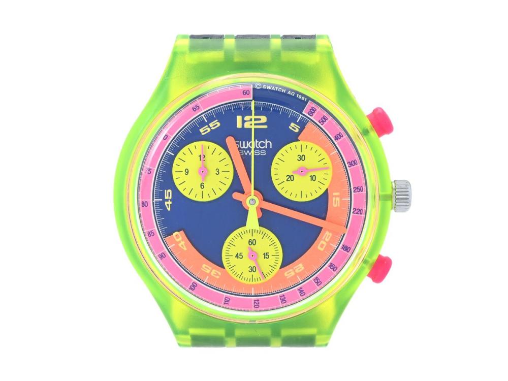 Watches

Swatch

SWATCH, Chrono, Grand Prix, Ref no. SCJ101, chronograph (defect), unisex, 37,3 mm, plastic, quartz, plastic crystal, integrated plasticstrap, original buckle, approx. 1991, case.