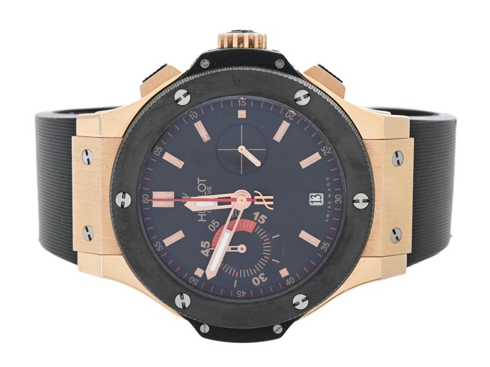 Watches

Hublot

HUBLOT, Geneve, Big Bang, "UEFA 2008 LTD", Cal ETA 7750, No. 03/500, Ref no. 318.PM.1123.RX.EUR08, Case no. 715918 / 318, chronograph, men´s wristwatch, 44 mm, 18K red gold/ceramic, self winding, sapphire crystal, date, cuvett in titanium, integrated rubber strap, folding clasp in PVD/red gold, certificate, December 2010, box, paper box. Limited and numbered (No. 03/500).