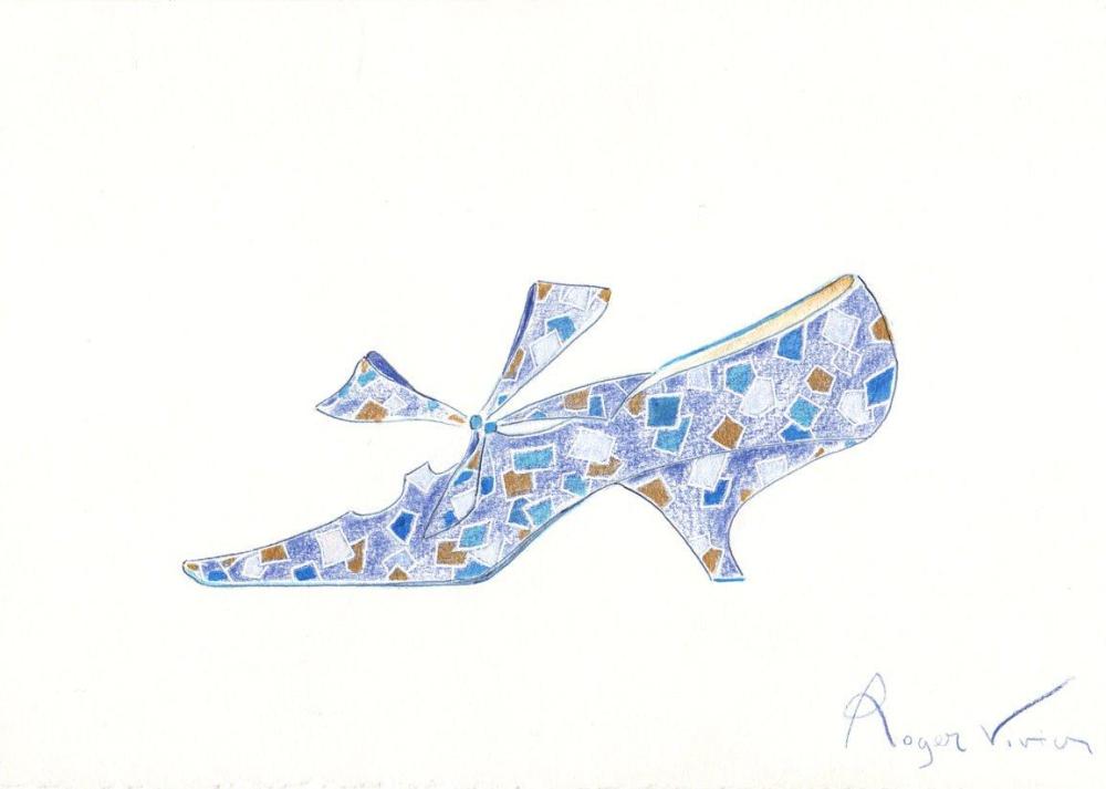 Roger VIVIER (1907-1998), circa 1963 / 1970

Projet d’escarpin au crayon de couleur rehaussé de gouache sur papier cason blanc, bout à la turc, empeigne ornée d’un noeud, talon pied de chèvre. Signé en bas à droite