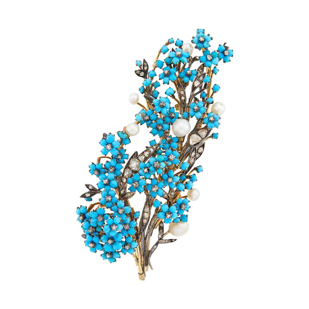 Property from a Prominent Maryland CollectionSmall round cabochon turquoise florets, rose-cut diamonds, 7 vari-shaped pearls, ap. 22 dwts.

Tests as 14 kt.Turquoise: medium deep turquoise blue, one greenish blue, chipped, good luster.Pearls: whitish to slightly creamy with rose and green orient, some texture, good luster.3 1/4 x 1 1/2 inches.                            
Any condition statement is given as a courtesy to a client, is an opinion and should not be treated as a statement of fact and our Organization shall have no responsibility for any error or omission. Please contact the specialist department to request further information or additional images that may be available.