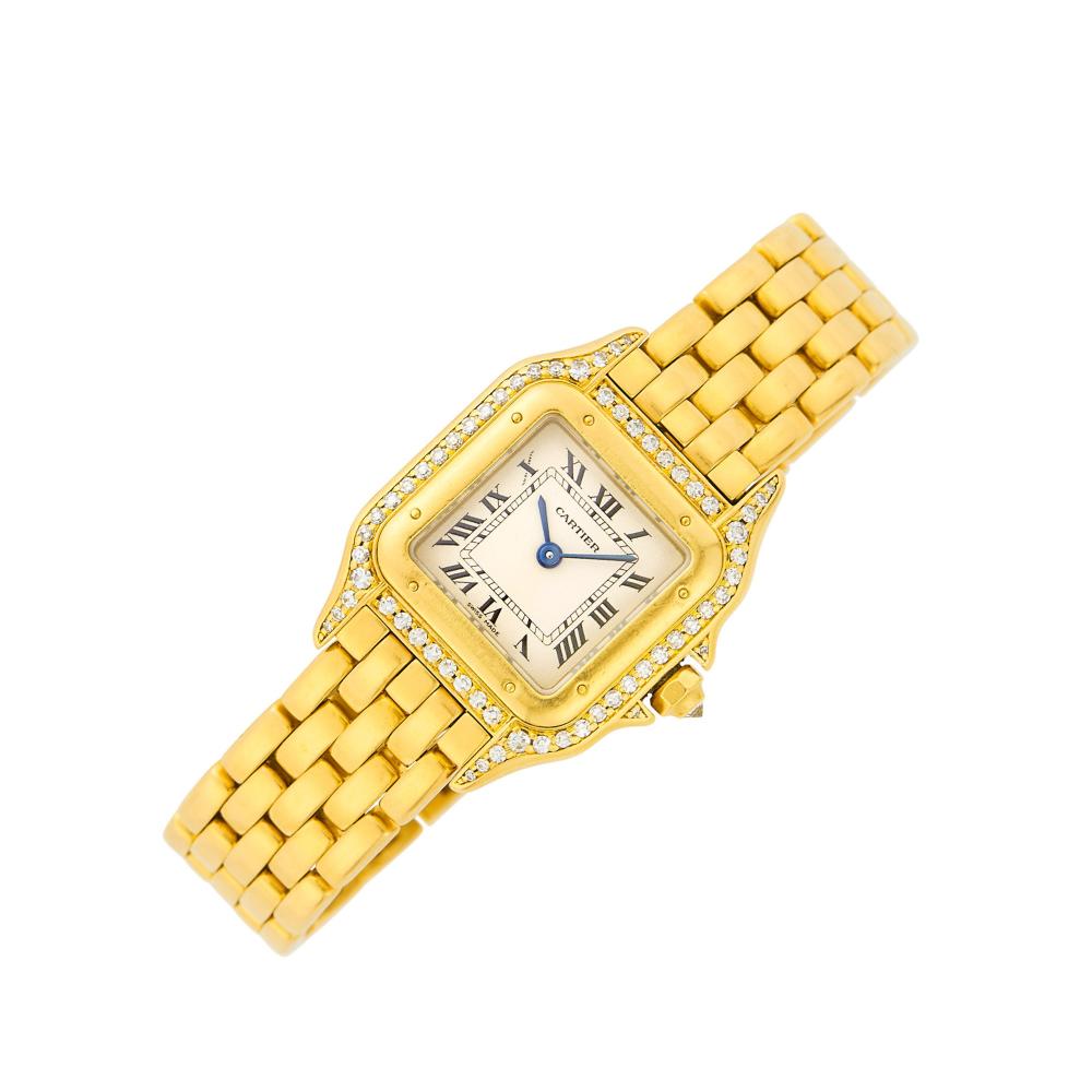 The Estate of a Wife of an Ambassador18 kt., quartz, square silver-tone dial, black Roman numerals, blued steel hands, diamond-set bezel and lugs, inverted diamond crown, case diameter ap. 22 mm., five-row bar link bracelet with double deployant clasp, dial, movement, case and clasp signed Cartier, case no. 8669197719, reverse of case with personal engraving, ap. 42.4 dwts. gross. Length 6 1/4 inches.

The movement is currently running, but not guaranteed to be in working order.Normal wear, minor scratches to gold.Case diameter 15/16 inch. Bracelet width 1/2 inch.                            
Any condition statement is given as a courtesy to a client, is an opinion and should not be treated as a statement of fact and our Organization shall have no responsibility for any error or omission. Please contact the specialist department to request further information or additional images that may be available.