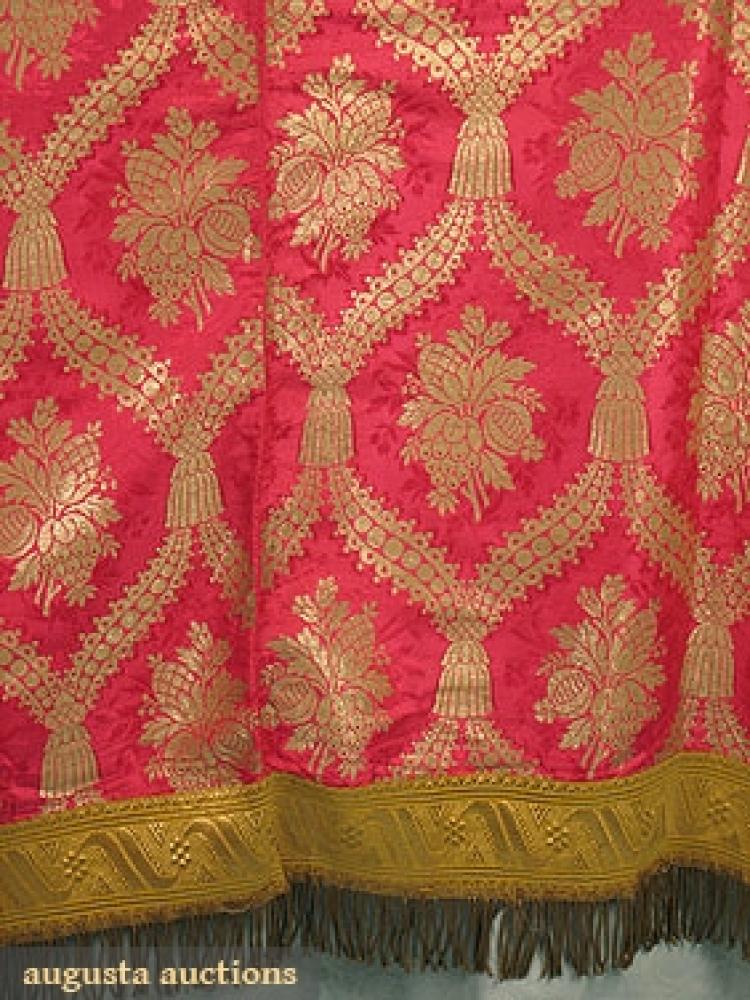 GOLD METALLIC BROCADE VALANCE, c. 1910

Pattern of exotic fruits within tasseled lozenges on fuchsia silk, 5" deep metallic gold galloon & fringe, 35" x 70", (top edge w/ some small tears) good.		
Bid Online
Price Realized: $218.50Category:TextilesEra:1890-1920
11.6944.1018.20