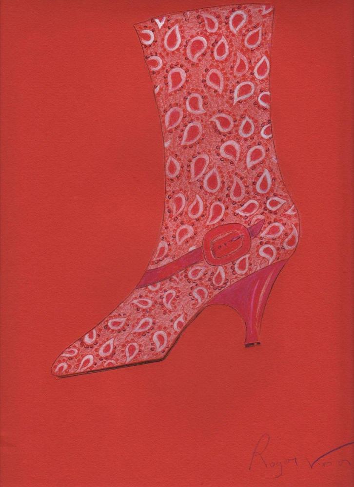 Roger VIVIER (1907-1998), circa 1963 / 1970

Projet de demi botte en tissu à motifs de botehs aquarellée sur papier canson rouge, effets de ceinture à la cheville, petit talon Louis XV. Signé en bas à droite