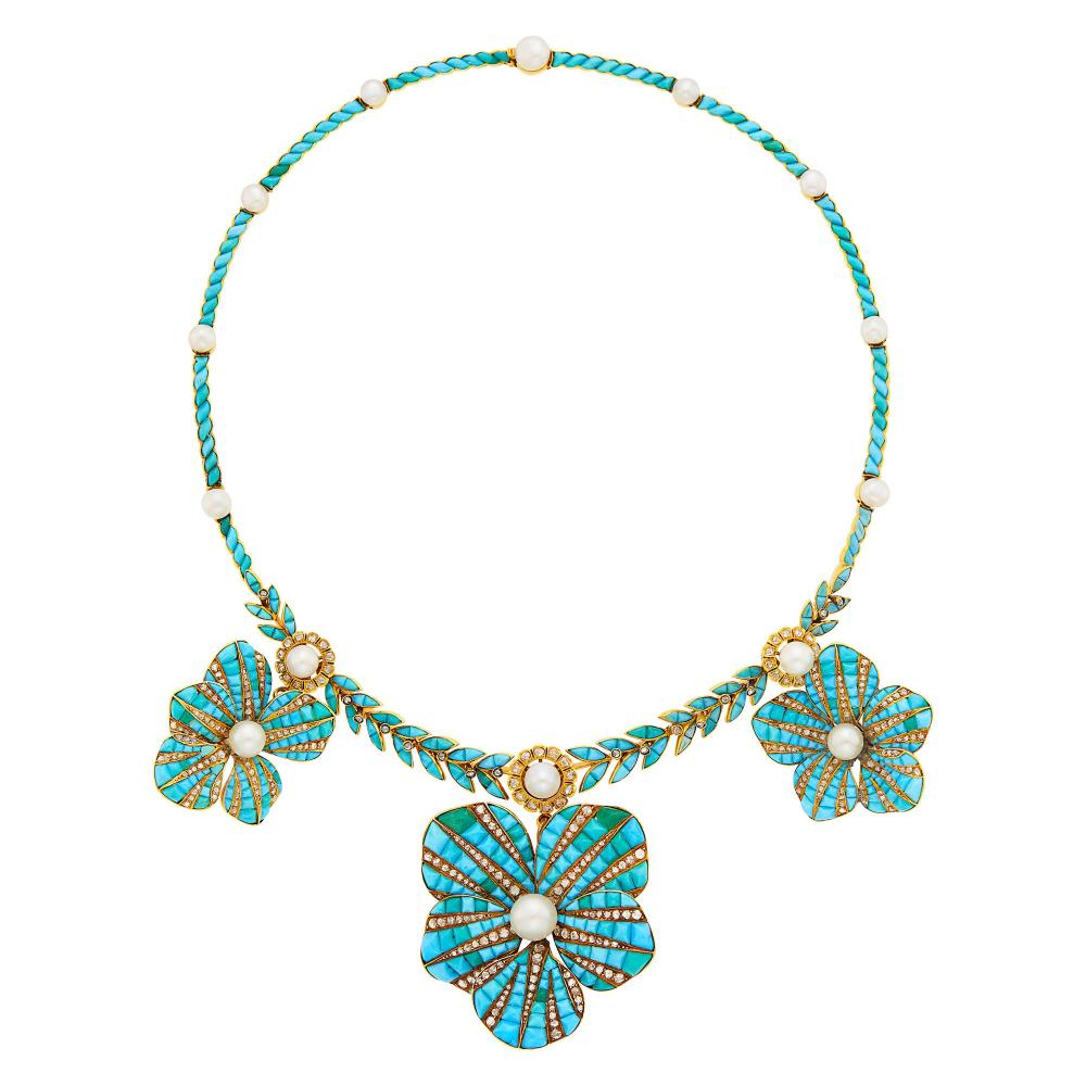 Property from a Prominent Maryland CollectionRectangular and triangular-shaped buff-topped cabochon turquoise, 14 button pearls ap. 8.0 to 4.6 mm., rose-cut diamonds, flower pendants detachable, ap. 39.3 dwts. Length 14 7/8 inches.

Tests as 18 kt.Turquoise: medium to medium deep turquoise blue to some greenish blue to green ( one larger stone on center flower), good luster.Pearls: whitish to slightly creamy with rose and green orient, cleanish, good luster.Necklace width 5/16 to 1/8 inch.Flowers: 1 5/16 x 1 1/8 inches, 1 3/4 x 1 1/2 inches, 1 1/4 x 1 1/4 inches.                              
Any condition statement is given as a courtesy to a client, is an opinion and should not be treated as a statement of fact and our Organization shall have no responsibility for any error or omission. Please contact the specialist department to request further information or additional images that may be available.