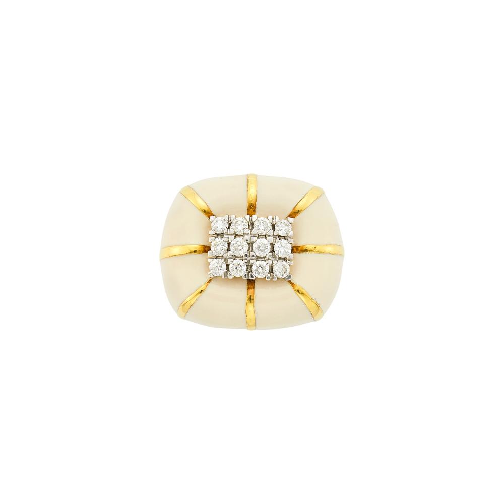 Property from the Collection of Augusta Patton18 kt., 12 round diamonds ap. .85 ct., signed Webb, ap. 21 dwts. Size 6 1/2, with inner guard.

Diamonds: G-H-I-VS-several SI.Enamel in good condition.1 x 7/8 inch.                            
Any condition statement is given as a courtesy to a client, is an opinion and should not be treated as a statement of fact and our Organization shall have no responsibility for any error or omission. Please contact the specialist department to request further information or additional images that may be available.