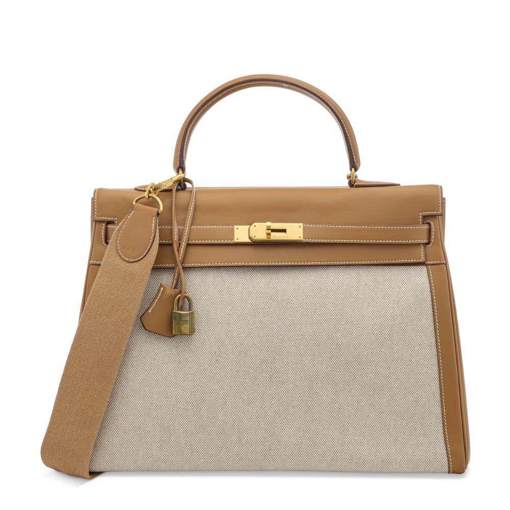 A NATUREL CHAMONIX LEATHER & BEIGE TOILE RETOURNÉ KELLY 35 WITH GOLD HARDWARE