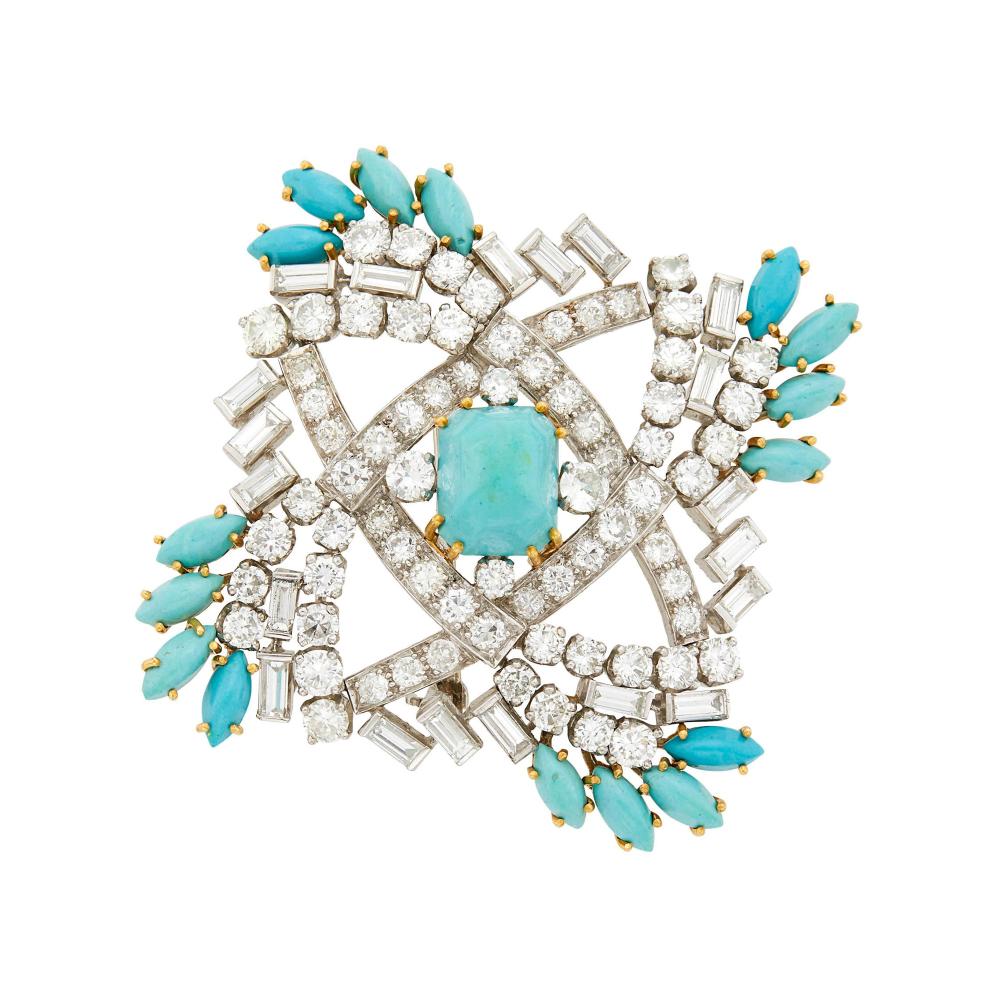Property from a Prominent Maryland CollectionOne cut-cornered rectangular sugar loaf cabochon turquoise ap. 10.6 x 8.4 x 7.5 mm., 16 marquise-shaped turquoise, 72 round and 20 baguette diamonds ap. 10.25 cts., ap. 20.2 dwts.

Center turquoise: medium turquoise blue to slightly greenish turquoise blue at tip, good luster.Turquoise: medium light slightly greenish turquoise blue to medium to medium deep turquoise blue, good luster.Diamonds: G-H-I-VS, several SI.Nicely made. Diameter 1 7/8 inches.                            
Any condition statement is given as a courtesy to a client, is an opinion and should not be treated as a statement of fact and our Organization shall have no responsibility for any error or omission. Please contact the specialist department to request further information or additional images that may be available.