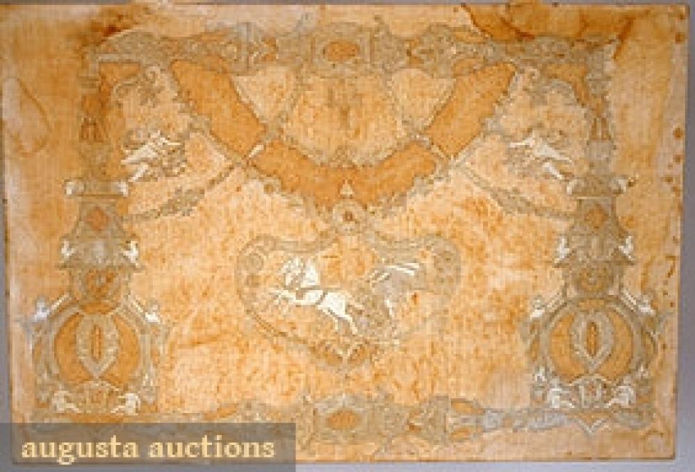 APPENZELL PICTORIAL MAT, 19th C

Classical chariot scene w/ columns having ram’s heads, putti, & winged figures, needle lace & drawn work fillings, extremely fine work, 13" X 21", mounted on cardboard, (brown stains throughout, 3 small 1/4" tears), fair.		
Bid Online
Price Realized: $287.50Category:LaceEra:1850-1890
11.7303.512.220