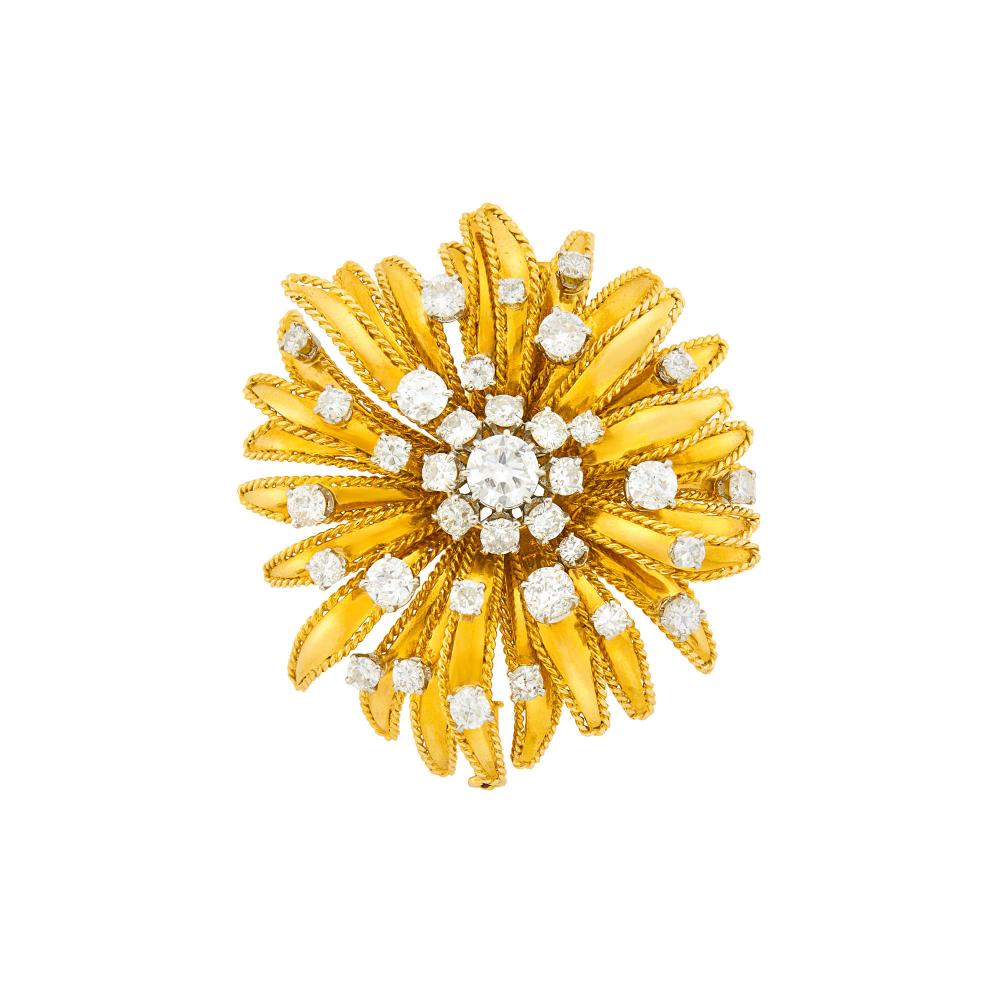 The Martin and Lynn Halbfinger Collection18 kt., one round diamond ap. .60 ct., 34 round and old European-cut diamonds ap. 3.15 cts., signed Mauboussin Paris, no. 08808, with French assay marks, approximately 14 dwts.Sale Type: Important Jewelry

Center diamond: G-H-SI.Diamonds: G-H-I-VS-SI-several I1.1 3/4 x 1 5/8 inches.                            
Any condition statement is given as a courtesy to a client, is an opinion and should not be treated as a statement of fact and our Organization shall have no responsibility for any error or omission. Please contact the specialist department to request further information or additional images that may be available.