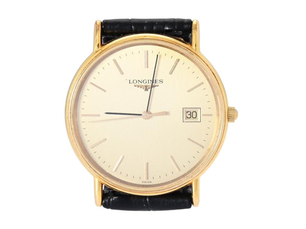 Watches

Longines

LONGINES, Présence, Serial no. 29937787, Case no. L4.636.2, men´s wristwatch, 33 mm, gold plated (10 micron), quartz, mineral crystal, date, leather strap, gold plated original buckle, approx. 1998.
