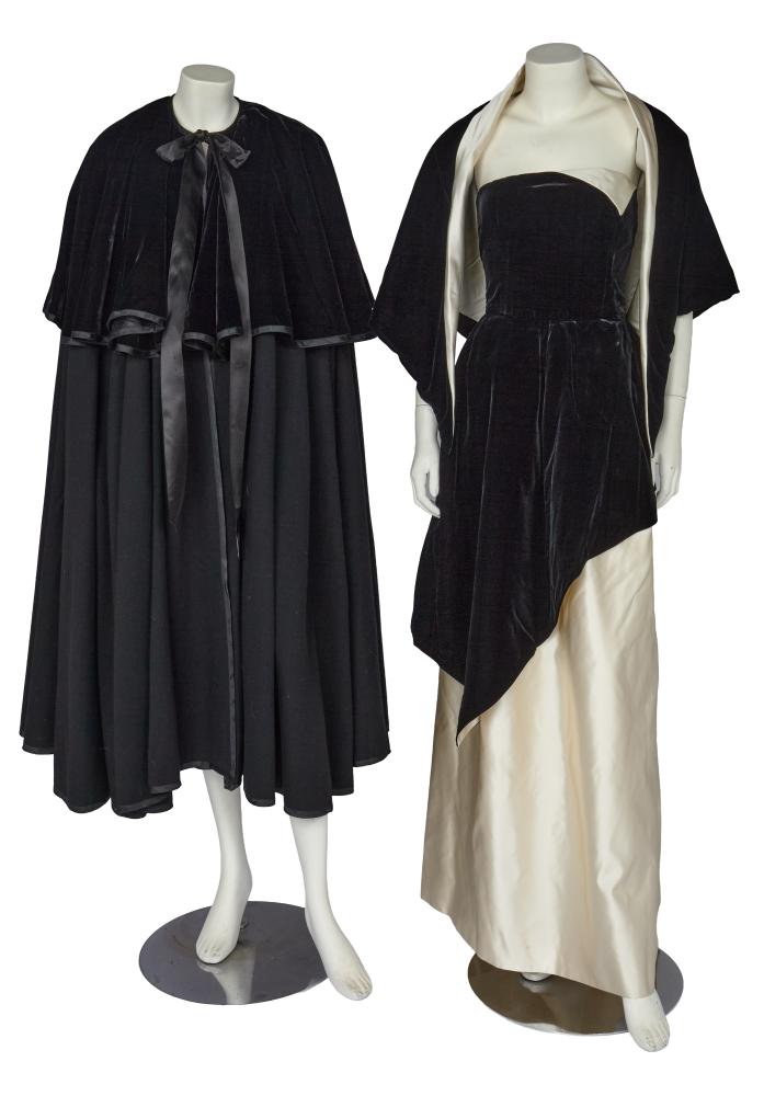 A group of Lanvin and Yves Saint Laurent evening wear, 1980s

A group of Lanvin and Yves Saint Laurent evening wear, 1980s

comprising: a Lanvin black velvet evening gown, the strapless bodice with angled neckline, the skirt of ivory silk satin with asymmetric black velvet overskirt, labelled, waist 71cm 28in, with matching black velvet and ivory satin triangular fichu/triangular shawl; and an Yves Saint Laurent black wool and velvet evening cloak, Rive Gauche labelled, size 40 (3)

Share this lot: