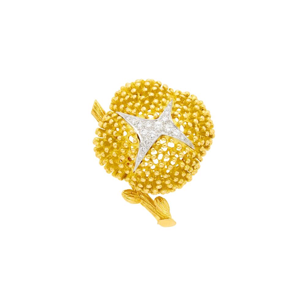 Property from a Prominent Maryland Collection18 kt., 16 round diamonds ap. .50 ct., signed Tiffany, Schlumberger, Made in France, with maker’s mark and French assay marks, slightly obscured, ap. 20.6 dwts.

Diamonds: G-H-VS.1 1/2 x 1 1/4 inches.                            
Any condition statement is given as a courtesy to a client, is an opinion and should not be treated as a statement of fact and our Organization shall have no responsibility for any error or omission. Please contact the specialist department to request further information or additional images that may be available.