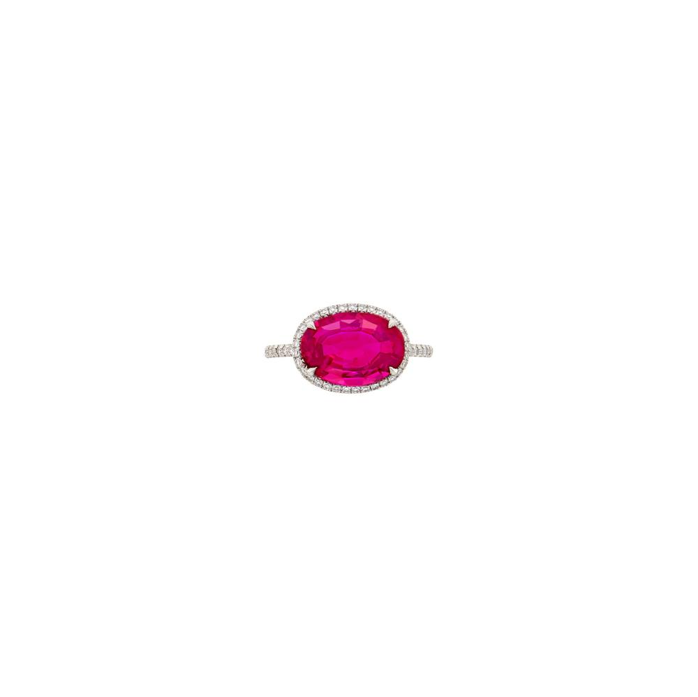 The Collection of a California Movie ProducerOne oval ruby weighing 3.33 cts., small single-cut diamonds, with maker’s mark, attributed to Martin Katz. Size 5 3/4.
 
With AGL report no. 1152014 stating Burma origin, with no gemological evidence of heat enhancement.

Ruby: bright vivid pinkish-red, large crystal inclusion in table near edge, otherwise slightly included, good transparency, very lively.1/2 x 3/8 inch.                            
Any condition statement is given as a courtesy to a client, is an opinion and should not be treated as a statement of fact and our Organization shall have no responsibility for any error or omission. Please contact the specialist department to request further information or additional images that may be available.