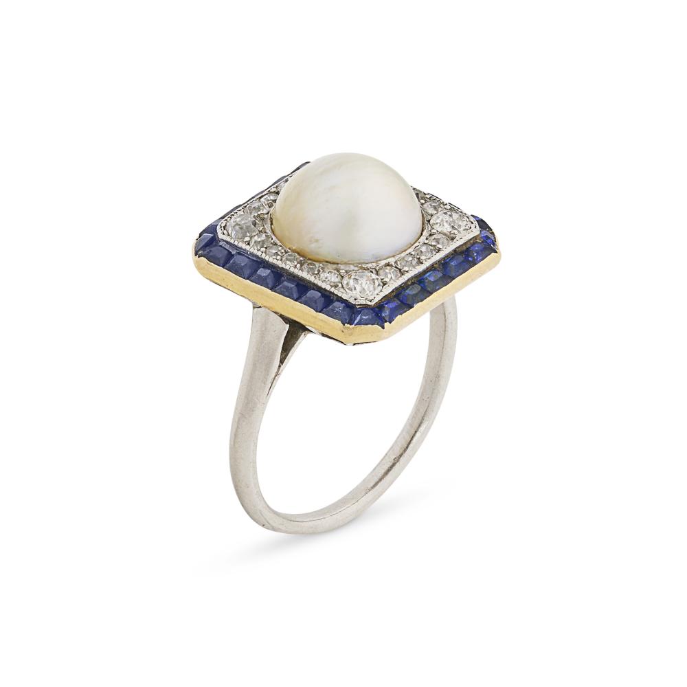 GEORGES FOUQUET BAGUE PERLE FINE, SAPHIRS ET DIAMANTS

Button-shaped natural pearl, calibré-cut sapphires, old and single-cut diamonds, French import assay mark for platinum (850‰) and for 18K yellow gold (750‰), signed G. Fouquet, numbered, circa 1910 
LFG, 2026, report n°425522: saltwater natural pearl, measuring 9.03 - 9.13 x 5.95 mm, no indication of treatment 
Sapphires: for an approximate total weight of 0.40 - 0.50 carat 
Diamonds: for an approximate total weight of 0.25 - 0.30 carat 
Size/Dimensions: EU ring size 53 / US ring size 6½ 
Gross weight: 6.55 grams