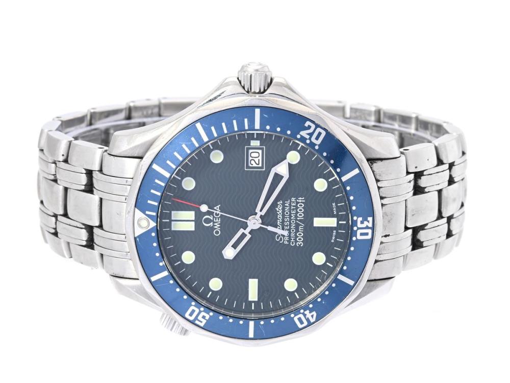 Watches

Omega

OMEGA, Seamaster, Professional (300m/1000ft), Chronometer, Cal 1120, Movement no. 80362248, Serial no. 80362248, PIC no. 2531.80.00, Ref no. SU 368.1623, Case no. 168.1623 (LL), men´s wristwatch, 41 mm, steel, self winding, sapphire crystal, date, helium valve, original bracelet, folding clasp, Ref no. 1503/825, approx. 2002.
