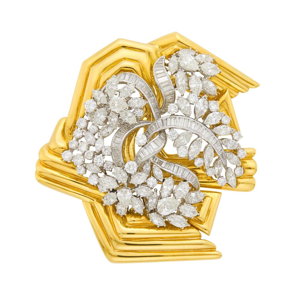 Property from a Noteworthy Collection18 kt., 28 round, 4 pear-shaped and 45 marquise-shaped diamonds ap. 14.75 cts., 108 baguette and tapered baguette diamonds ap. 4.00 cts., gold frame signed Webb, diamond brooch unsigned, ap. 54.6 dwts.

Diamonds: G-H-I-J-VS, several SI.Diamond brooch predates gold frame.2 7/8 x 2 15/16 inches.                            
Any condition statement is given as a courtesy to a client, is an opinion and should not be treated as a statement of fact and our Organization shall have no responsibility for any error or omission. Please contact the specialist department to request further information or additional images that may be available.