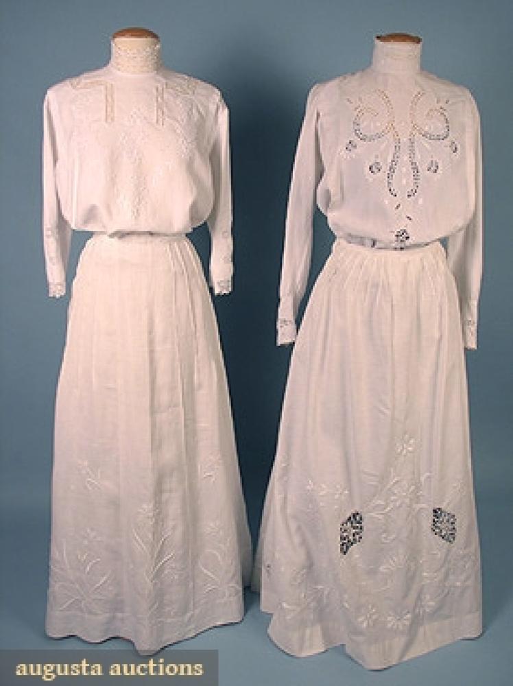EMBROIDERED WHITE LINEN SEPERATES, c. 1910

2 white linen high neck blouses w/ cutwork and embroidery, both approx size 8; 2 floral embroidered long skirts, 1 waist 28", 1 30", all excellent.		
Bid Online
Price Realized: $218.50Category:WomensEra:1890-1920
11.7442.230.369