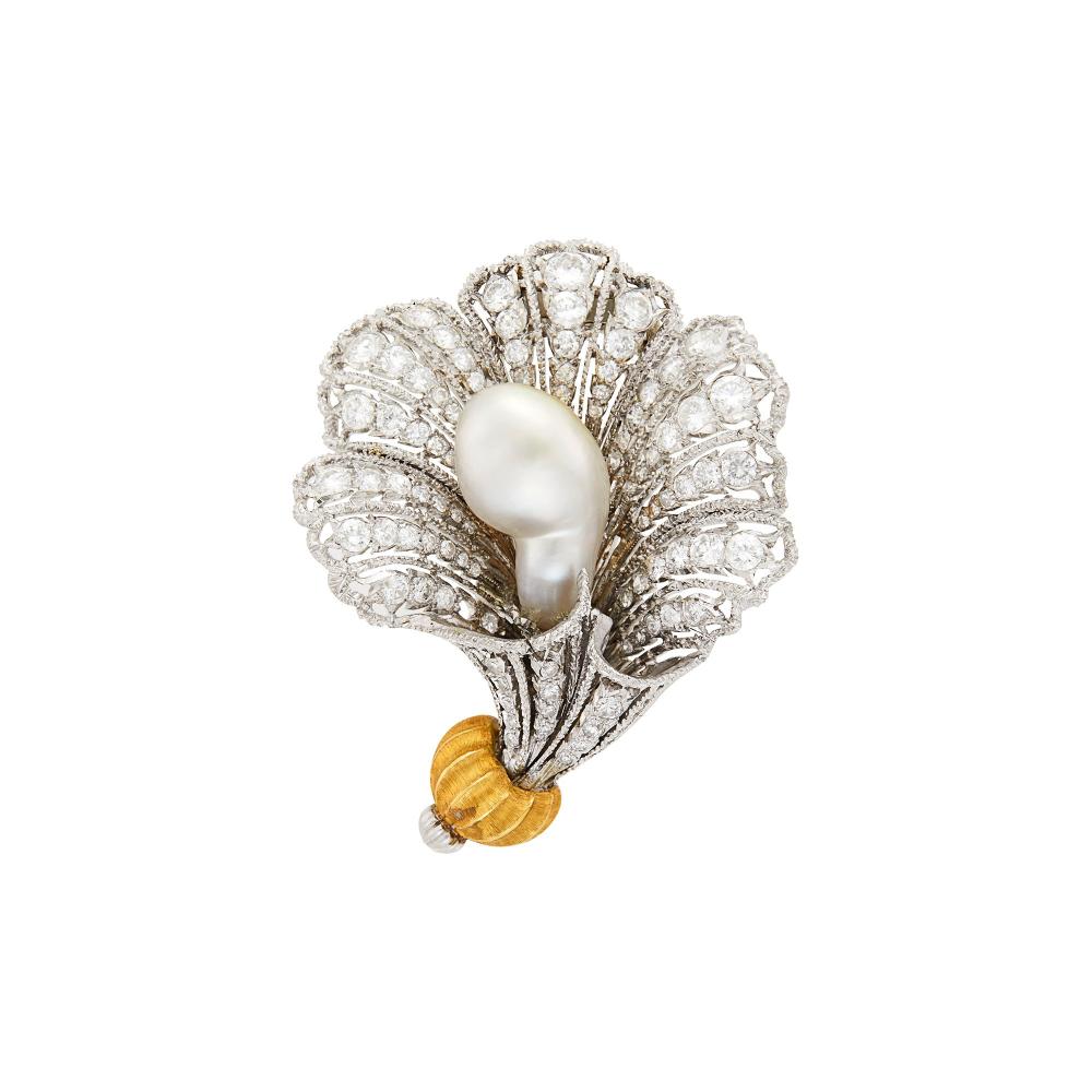 Property from a Prominent Maryland Collection18 kt. white and yellow gold, one baroque pearl ap. 16.0 x 9.6 mm., round and single-cut diamonds ap. 3.25 cts., signed Buccellati, Italy, no. 10990, two small diamonds missing, ap. 10.8 dwts.

Pearl: slightly silvery with rose and green orient, with faint golden tip, several light scratches, thick nacre, good luster.Diamonds: H-I-VS, two small diamonds missing.1 3/4 x 1 3/8 inches.                            
Any condition statement is given as a courtesy to a client, is an opinion and should not be treated as a statement of fact and our Organization shall have no responsibility for any error or omission. Please contact the specialist department to request further information or additional images that may be available.