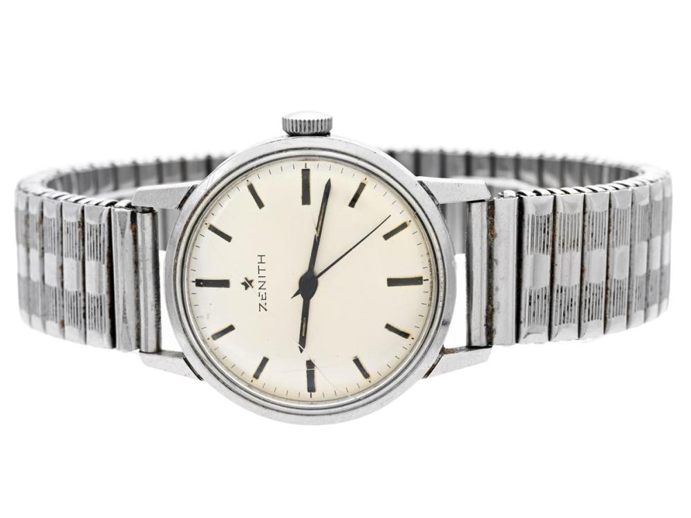 Watches

Zenith

ZENITH, "T Swiss Made T", men´s wristwatch, 33 mm, Cal 2532, Serial no. 6372589, Case no. 593A018, steel, manual winding, plastic crystal (damaged), approx. 1967, metal bracelet not original.