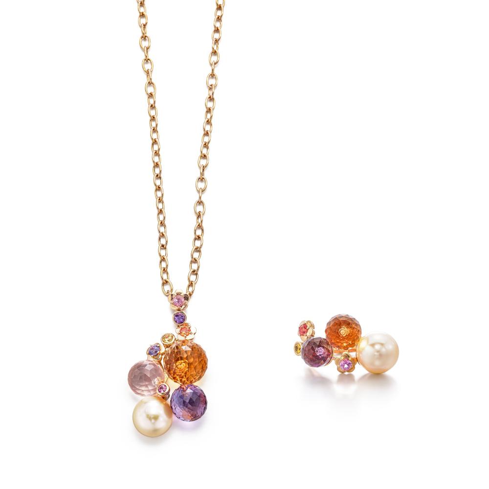 Chanel

Comprising: necklace designed as flowers and fruits, set with a cultured pearl measuring approximately 10.67 x 10.65 x 10.60mm, a citrine, rose quartz and amethyst bead, enhanced by circular-cut purple, yellow and orange coloured stones; and a ring en suite.