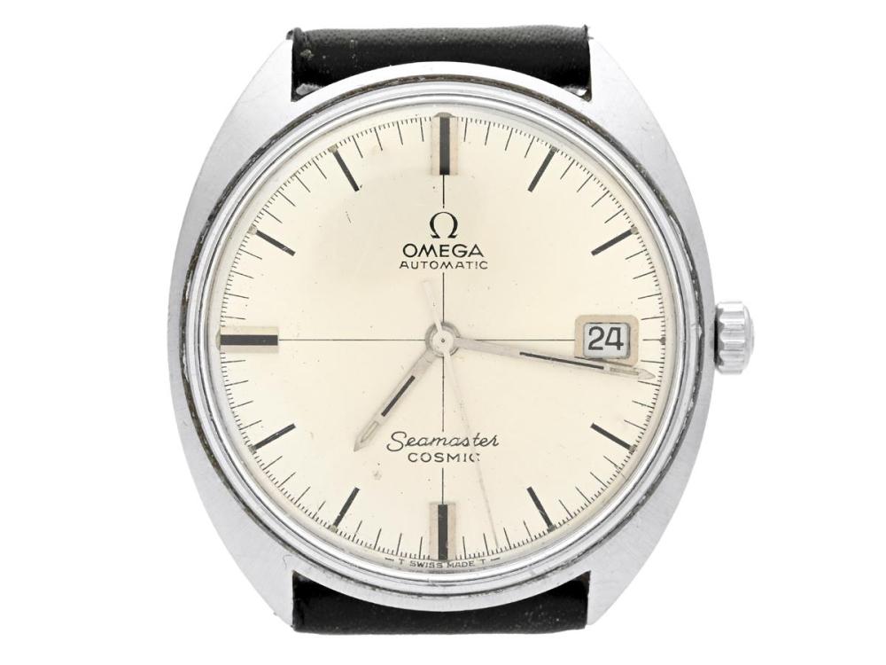 Watches

Omega

OMEGA, Seamaster, Cosmic (-T Swiss Made T-), Cal 565, Serial no. 30313010, Ref no. ST 166.026, Case no. 166.026, men´s wristwatch, 35 mm, steel, self winding, plastic crystal, date, damaged dial/hand, needs overhaul, leather strap, approx. 1968.