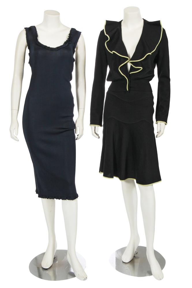Two Givenchy by John Galliano knitted ensembles, circa 1996-1997

Two Givenchy by John Galliano knitted ensembles, circa 1996-1997

Couture labelled, comprising: a black wool cardigan and skirt, Autumn-Winter 1996-97, the ruffled collar and skirt hem piped in yellow knit, bust approx 86cm 34in, waist 66cm 26in; and a navy-blue sleeveless bodycon dress with ruffled neckline and hem, bust 86cm 34in (3)

Share this lot: