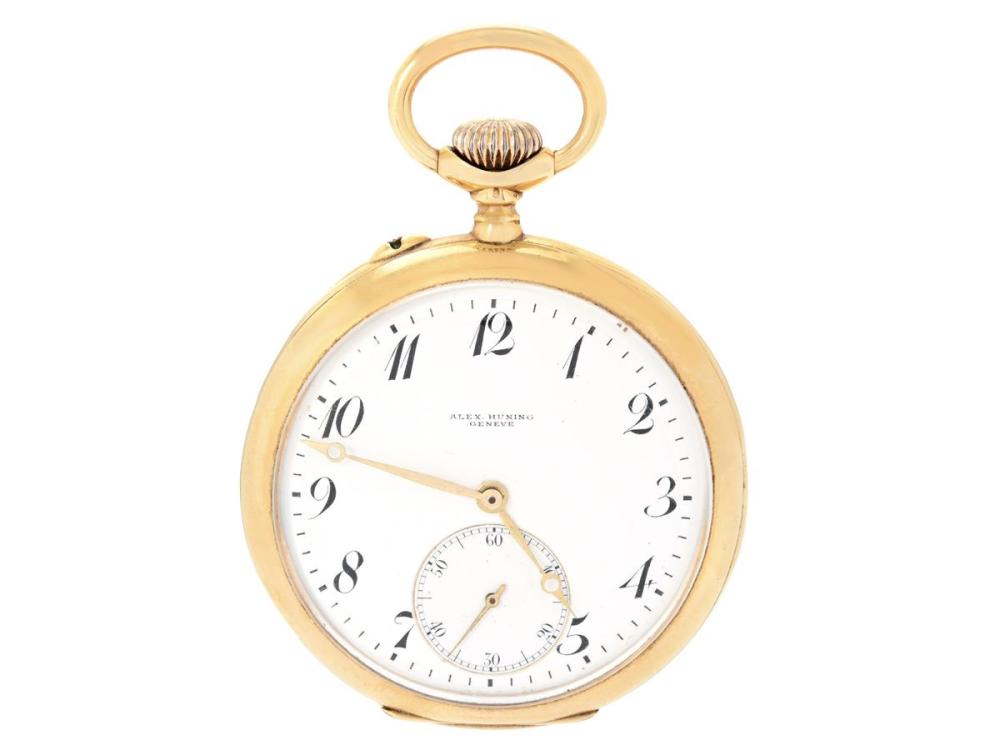 Watches

Alex Hüning

ALEX HÜNING, Genève, pocket watch, 50 mm, Case no. 46986, 18K gold, lever escapement, damaged dial, cuvett in 18K gold, dents, approx. 1915.