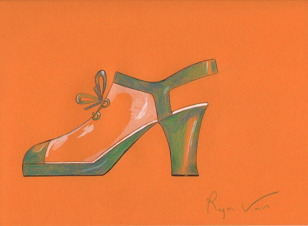 Roger VIVIER (1907-1998), circa 1963 / 1970

Projet de sandale sur plate forme en plastique et cuir vert, aquarellé sur papier canson orange. Signé en bas à droite