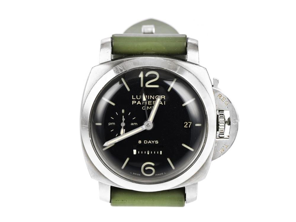 Watches

Panerai

PANERAI, Luminor 1950 8 Days GMT, Cal P.2002, Movement no. 015114, Serial no. OP 6660 / BB 1346017, Ref no. PAM00233, Case no. L0650/1000, men´s watch, 44 mm, steel, manual wind, sapphire crystal (scratches), small seconds hand, date, two time zones, (pm/am), power reserve indicator (8-days), damaged dial, display caseback, rubber strap, original buckle, certificate, August 2011, box, paper box.