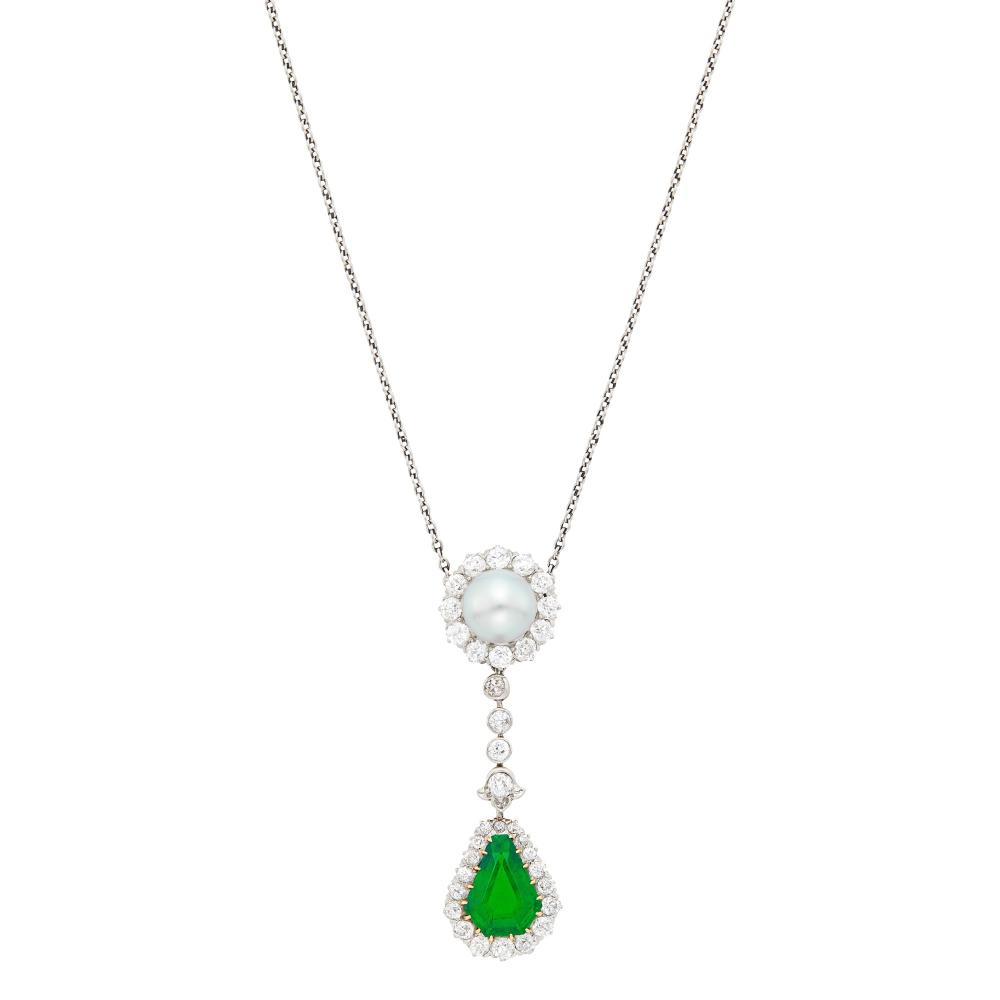 Property of a Sophisticated New England Jewelry CollectorOne pearl ap. 7.7 mm., one modified shield-shaped emerald weighing 1.76 cts., 34 old European-cut diamonds ap. 1.25 cts., circa 1905, ap. 5.8 dwts. Length 16 inches.
 
With GIA report no. 2235779238 stating Natural Saltwater pearl, with no indications of treatment.
With AGL report no. 115136 stating Colombian origin, with Minor Traditional clarity enhancement.

Pearl: white with strong rose overtones, several minor blemishes, thick nacre, very good luster.Emerald: vivid green, moderately included on the sides, good transparency, lively.Diamonds: G-H-I-VS.1 11/16 x 1/2 inches.                            
Any condition statement is given as a courtesy to a client, is an opinion and should not be treated as a statement of fact and our Organization shall have no responsibility for any error or omission. Please contact the specialist department to request further information or additional images that may be available.
