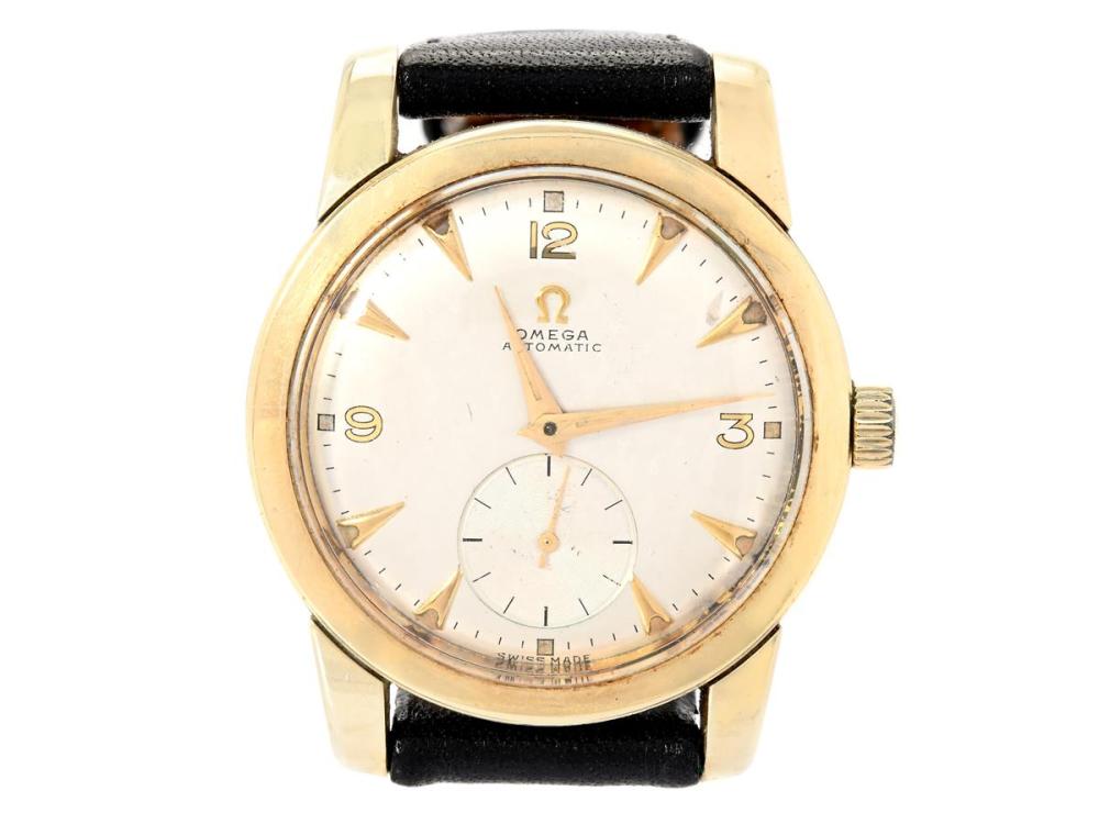 Watches

Omega

OMEGA, men´s wristwatch, 34,5 mm, Cal 344, Serial no. 14032094, Ref no. KO 2766, Case no. 2766-2, gold on steel, bumper automatic, plastic crystal, small seconds hand, damaged dial, defect (needs overhaul), engraving, leather strap, approx. 1954.
