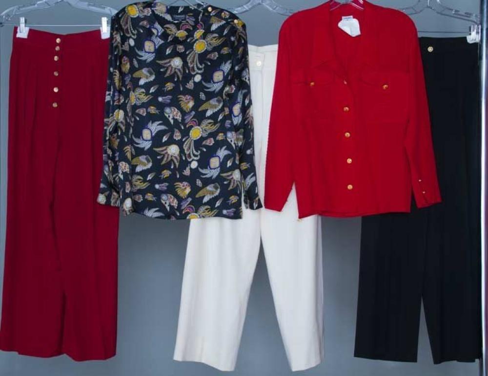 FIVE CHANEL SEPERATES, LATE 20TH C

All FR. size 36 w/ small gold stamped buttons & labeled either "CHANEL" w/ "CC" logo or "CHANEL Boutique": 1 black silk charmeuse blouse w/ winged clocks print; 1 lipstick red silk faille blouse; 3 pa
