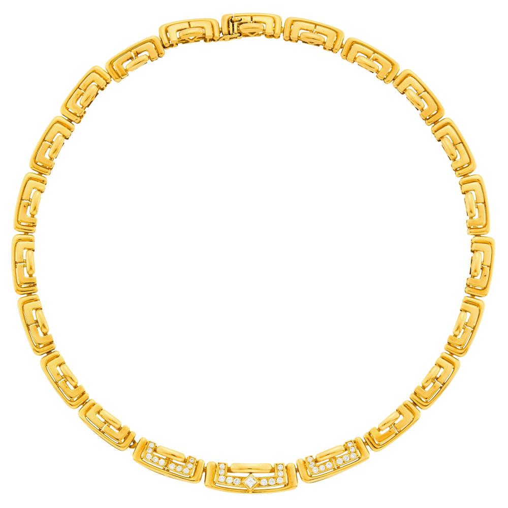 The Martin and Lynn Halbfinger Collection18 kt., one square-cut and 30 round diamonds ap. .85 ct., signed Boucheron, no. P59502, with maker’s mark, French assay mark and hallmarks, ap. 34.8 dwts. Length 15 inches.Sale Type: Important Jewelry

Diamonds: G-H-I-VS.Width 1/4 inch.                            
Any condition statement is given as a courtesy to a client, is an opinion and should not be treated as a statement of fact and our Organization shall have no responsibility for any error or omission. Please contact the specialist department to request further information or additional images that may be available.