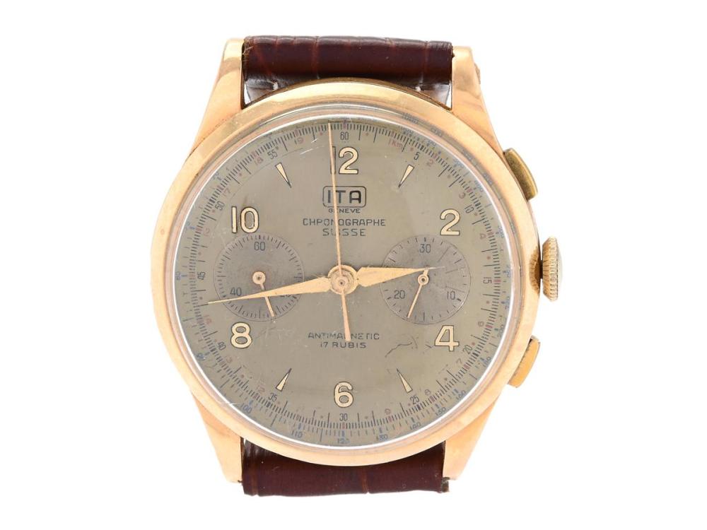 Watches

Miscellaneous watch

ITA, Genève, Chronographe Suisse, Cal Landeron, Case no. 16965 / 48, chronograph, 37,5 mm, 18K gold, manual winding, plastic crystal, damaged dial, dents, leather strap, approx. 1955.