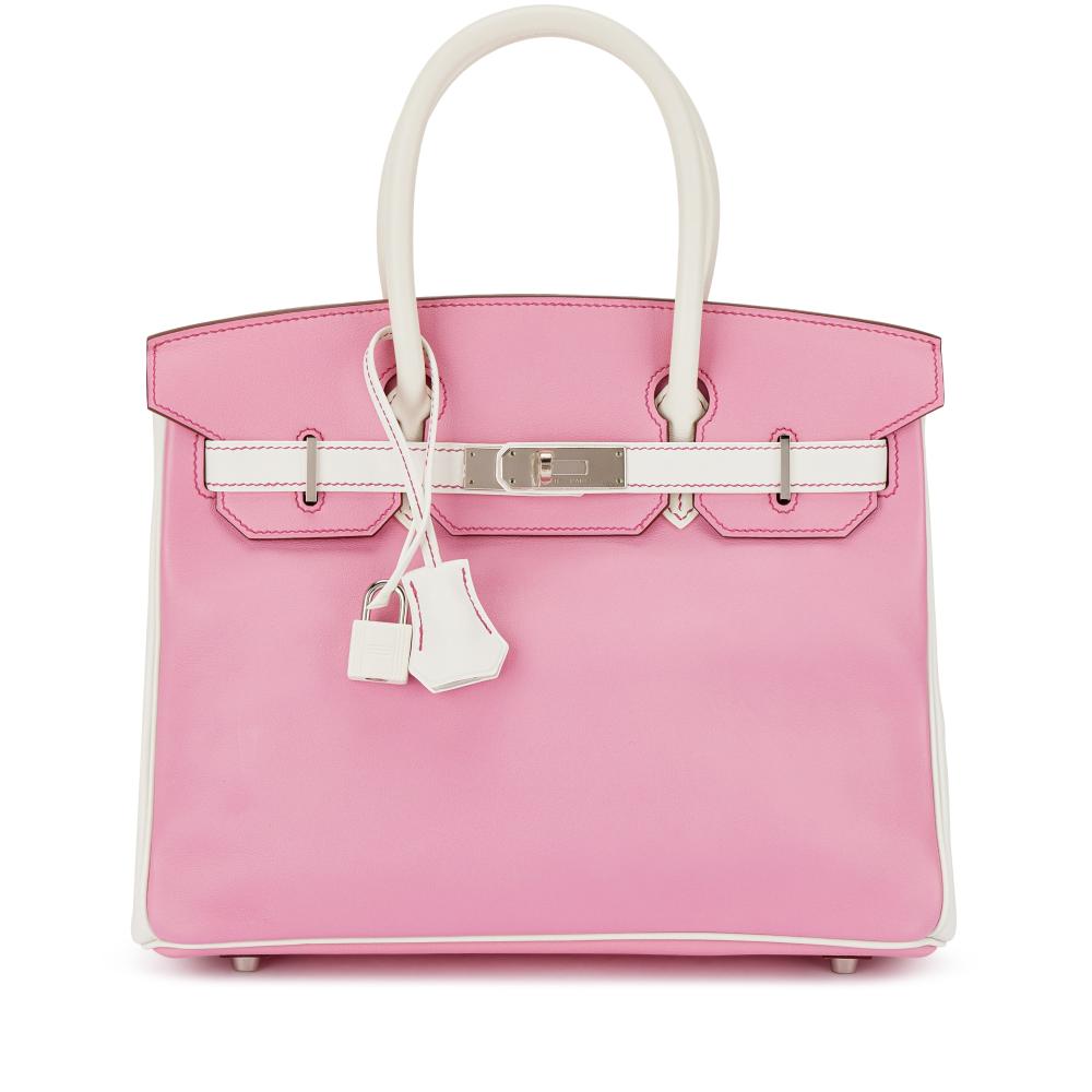 Hermès

Hermès 5P Bubblegum Pink and White Swift HSS Birkin 30 Palladium Hardware, 2010

愛馬仕泡泡糖粉色拼白色Swift小牛皮30公分柏金包，具愛馬仕定製馬蹄印，配鍍鈀金屬件，2010年

Please note that Condition 12 of the Conditions of Business for Buyers is not applicable to this lot.