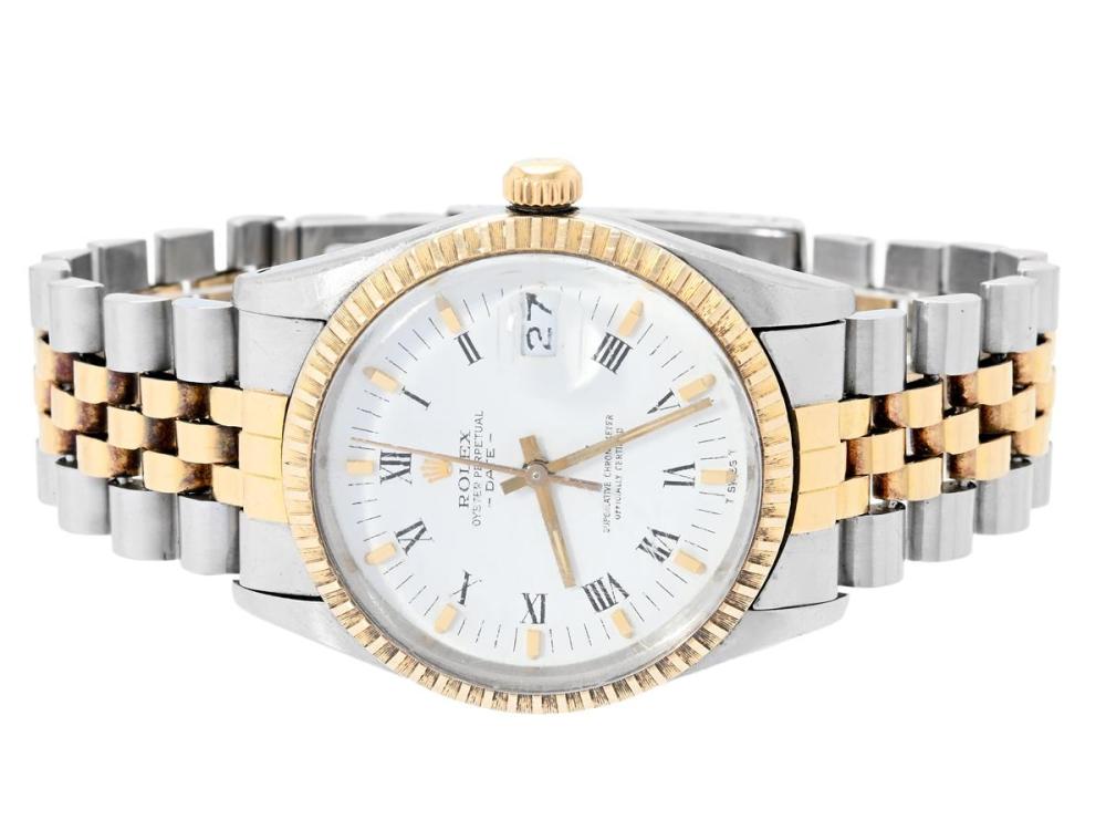 Watches

Rolex

ROLEX, Oyster Perpetual, Date (T Swiss T), Chronometer, Ref no. 15053, Serial no. 7197354, Cal 3035, Movement no. 1004375, Case no. 15000, men´s wristwatch, 34 mm, steel/gold, self winding, plastic crystal, date, defect (needs overhaul), Jubilee bracelet (damaged, see picture), folding clasp, Ref no. 62523H.18-H9/474, approx. 1983.