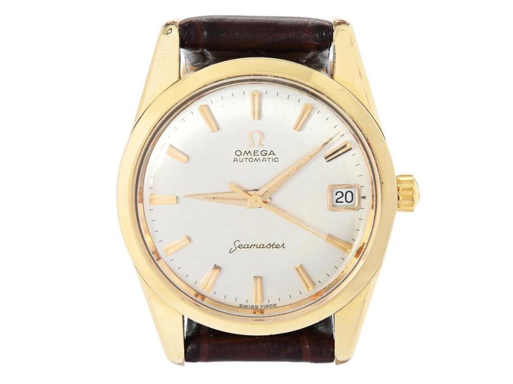 Watches

Omega

OMEGA, Seamaster, Cal 562, Serial no. 18590759, Ref no. KO 14701, Case no. 14701 61 SC (C.B), men´s wristwatch, 33,5 mm, gold on steel, self winding, plastic crystal, date, damaged dial, leather strap, approx. 1961.