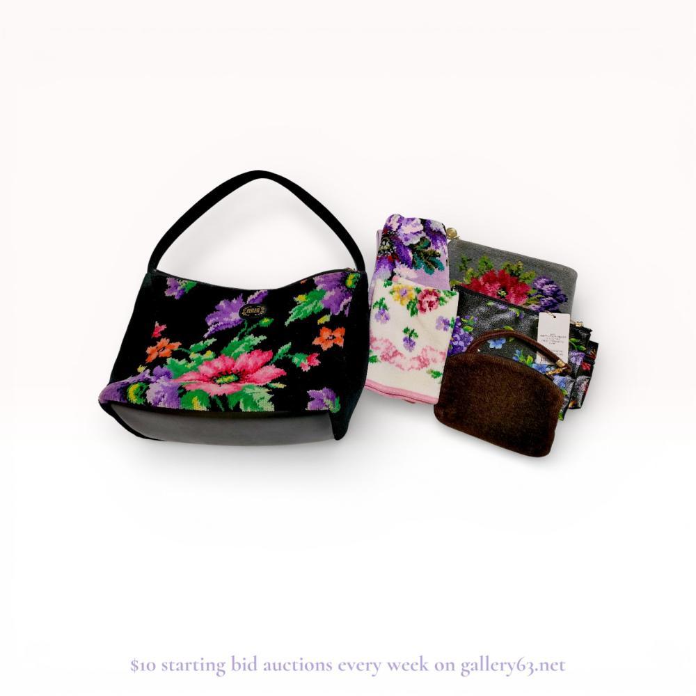 Description
A collection of seven Feiler Germany chenille textile goods featuring vibrant multi-colored floral patterns on black, lavender, grey, brown, and white grounds, late 20th century. The group includes a large shoulder bag, four zippered accessory pouches, and two square hand towels constructed from woven chenille with synthetic linings and gold-toned hardware. All items feature Feiler labels, patches, or logo-inlaid zipper pulls, with one piece explicitly marked as manufactured in Germany.