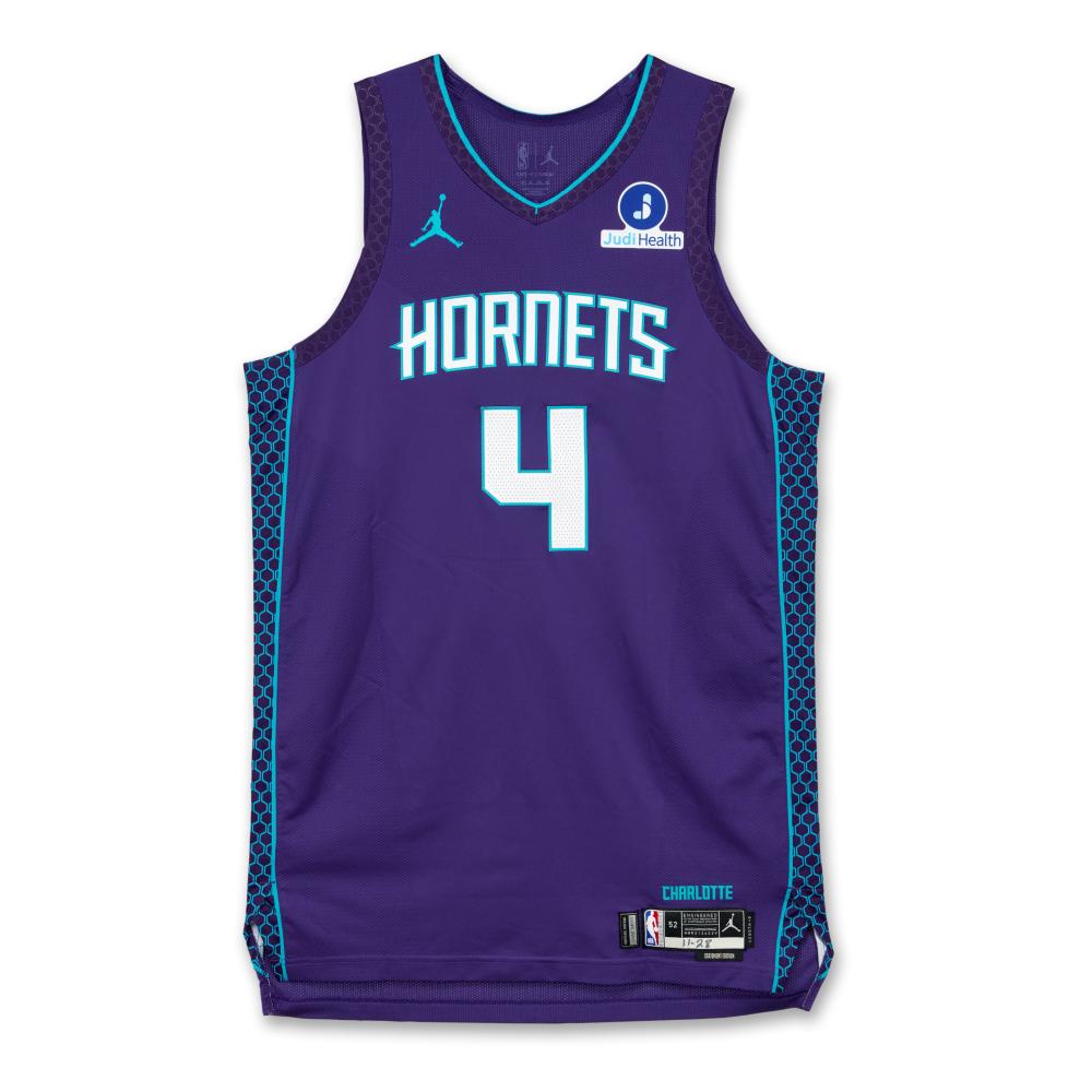 Sion James Charlotte Hornets 2025-2026 Emirates NBA Cup Game Worn Statement Edition Jersey | Matched to 2 Games

NIKE, NIKE MESH JERSEY, SIZE 52 (+6 LENGTH)

MESH

This home ‘Statement Edition’ jersey was worn by Sion James on November 28, 2025, during the Emirates NBA Cup, when the Charlotte Hornets played the Chicago Bulls.

James finished with 9 points, 3 rebounds, and 3 assists. The Hornets beat the Bulls, 123-116.

This jersey was worn by Sion James on November 26, 2025, during the Emirates NBA Cup, when the Charlotte Hornets played the New York Knicks.

James finished with 4 points, 2 rebounds, 1 assist, 1 block, and 1 steal. The Hornets lost to the Knicks, 129-101.

Sion James, a 6’6", 220-lb guard from Sugar Hill, Georgia, starred at both Tulane (2020–24) and Duke (2024–25). Drafted 33rd overall by the Charlotte Hornets in 2025, James brings a strong two-way ceiling to the NBA. At the time of cataloging, he has career averages of 5.5 points per game, 3.5 rebounds per game, and 2 assists per game.

This jersey has been photomatched by PSA.